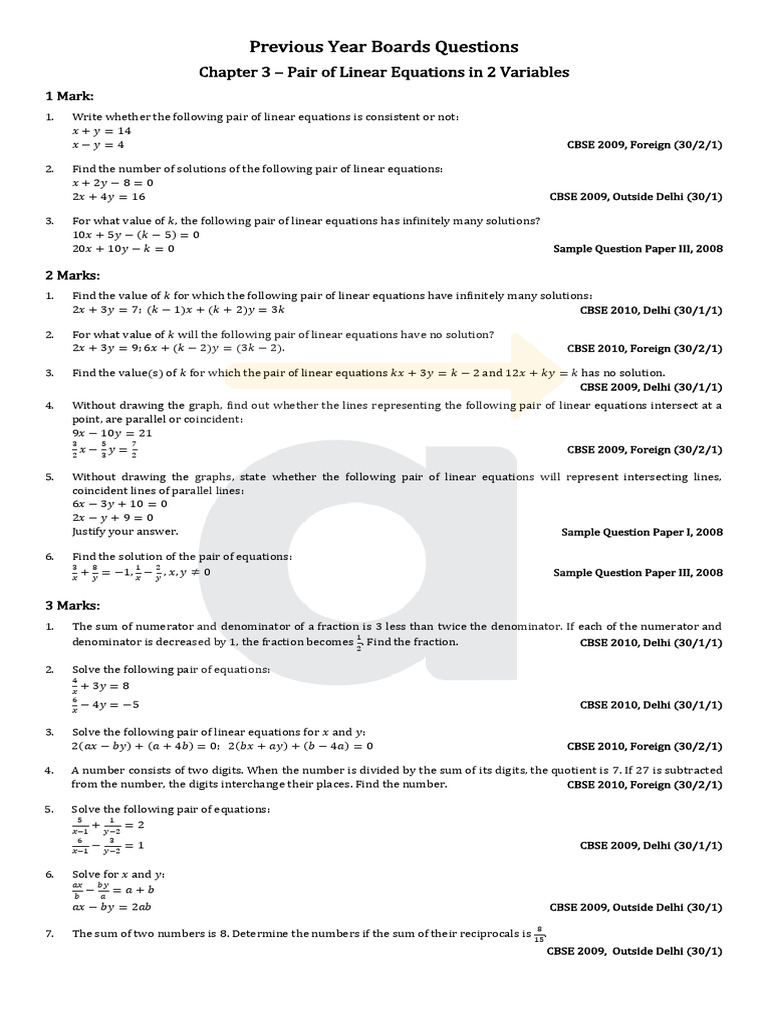 Linear Equations Practice Questions | PDF | Equations | Mathematical ...