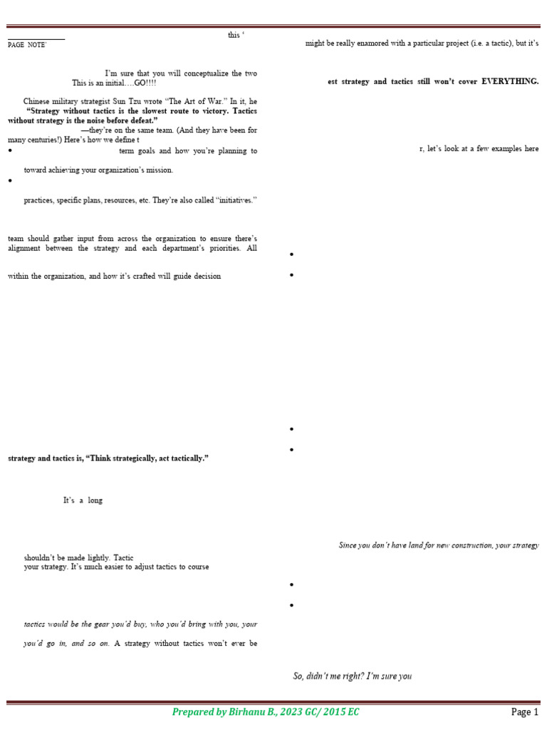 One Page Note On Startegy and Tactics | PDF | Goal | Marketing