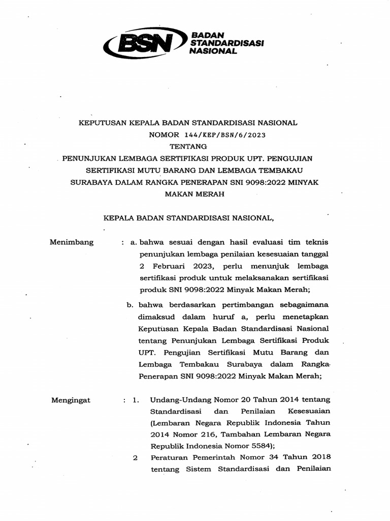 Penunjukan LSPro SNI 9098:2022 Minyak Makan | PDF
