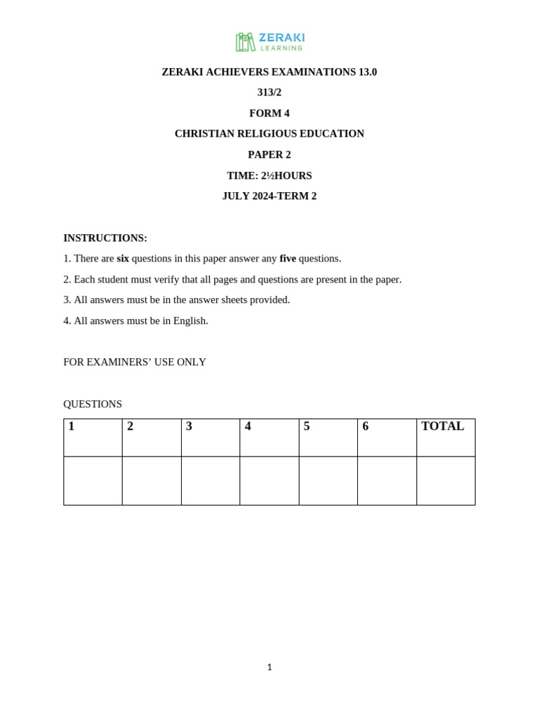 KCSE CRE Paper 2 Exam Questions 2024 | PDF | Jesus | Religious Belief ...