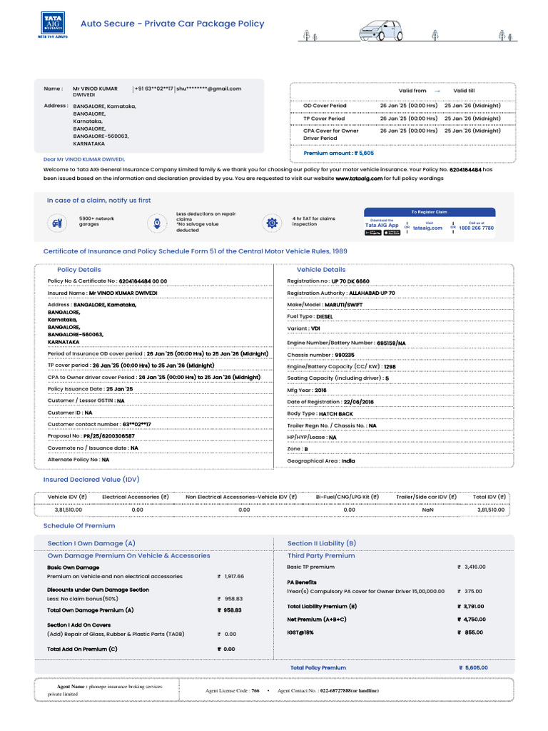 Tata AIG Motor Insurance Policy | PDF | Insurance | Receipt