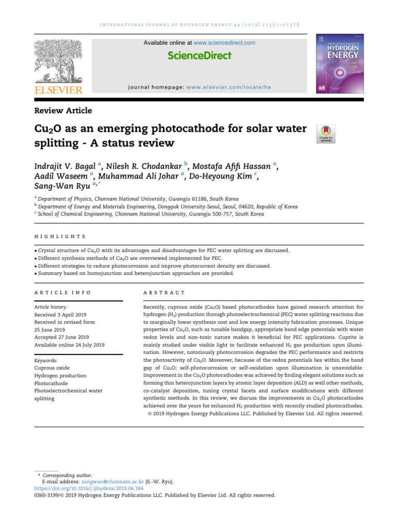 Cu2O As An Emerging Photocathode For Solar Water Splitting - A Status ...