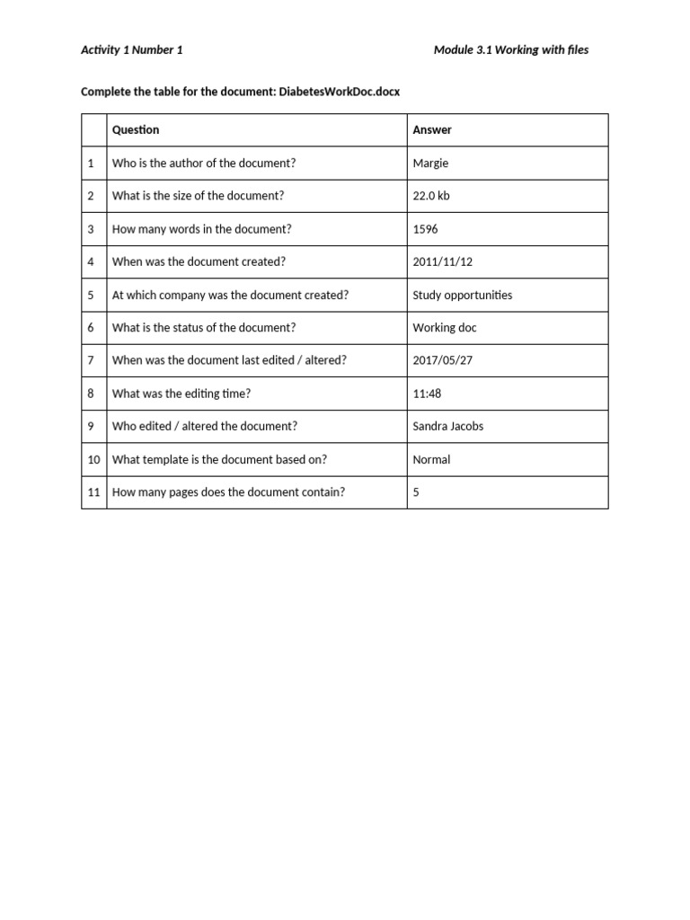 Diabetes Work Document Overview | PDF