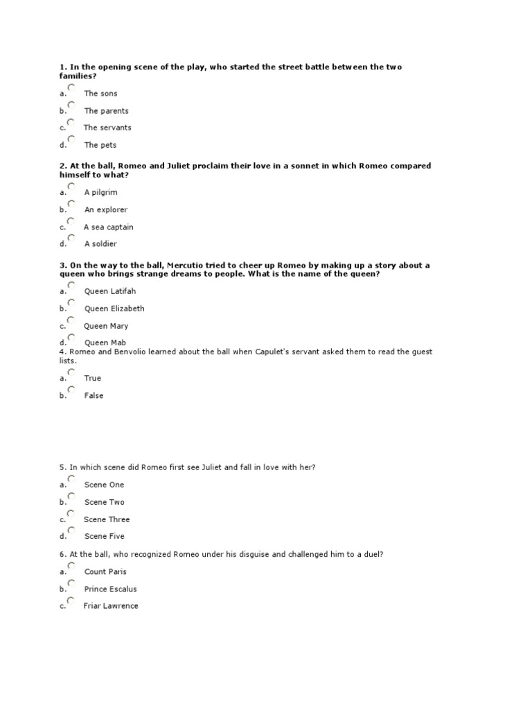 Romeo and Juliet Test Questions | PDF | Characters In Romeo And Juliet ...