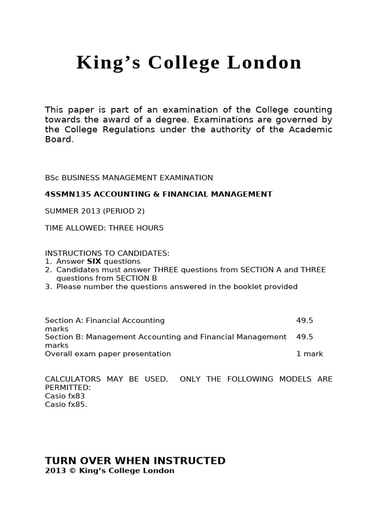 KCL 2013 Part B Paper | PDF | Internal Rate Of Return | Financial ...