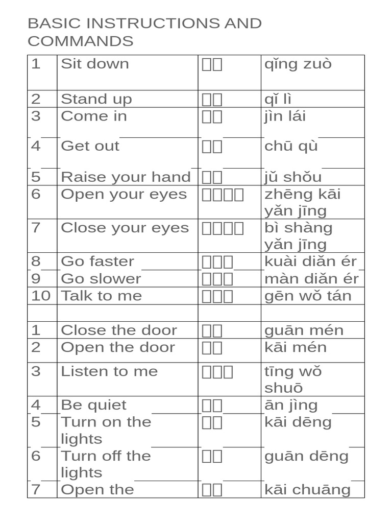 Chinese Commands and Greetings Guide | PDF