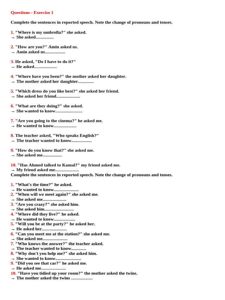 Reported Speech Exercise Questions | PDF