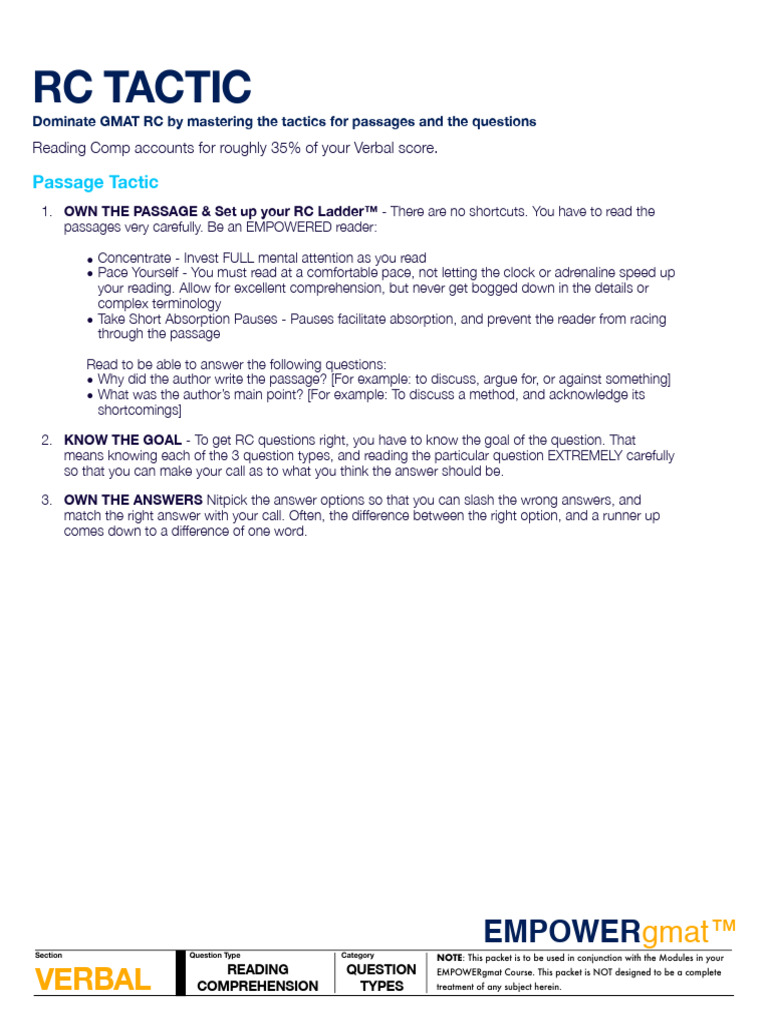 Master GMAT Reading Comprehension Tactics | PDF | Graduate Management ...