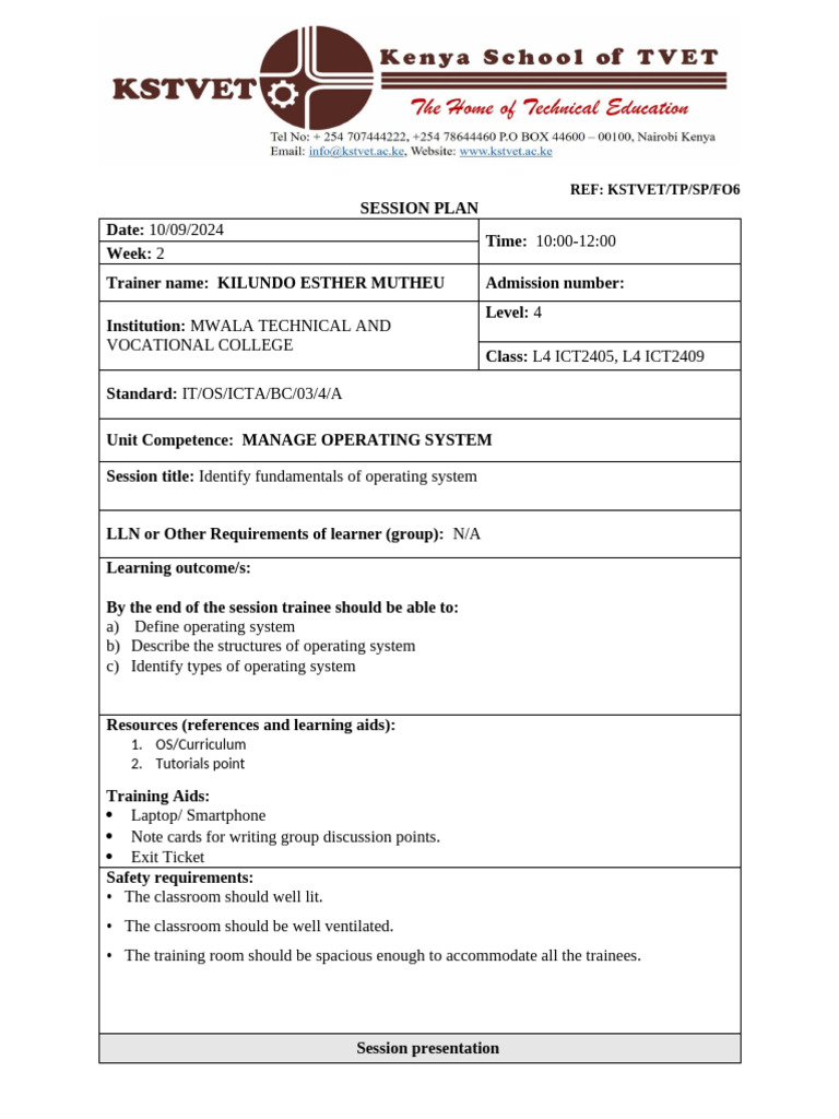 Operating System Fundamentals Session Plan | PDF | Intelligence | Teaching