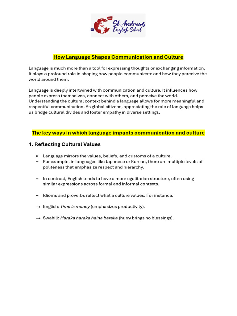 Language's Role in Shaping Culture | PDF | Communication | Nonverbal ...