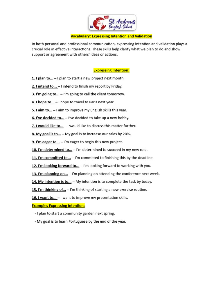 VOCABULARY Expressing Our Intention and Validation. | PDF | Intention ...