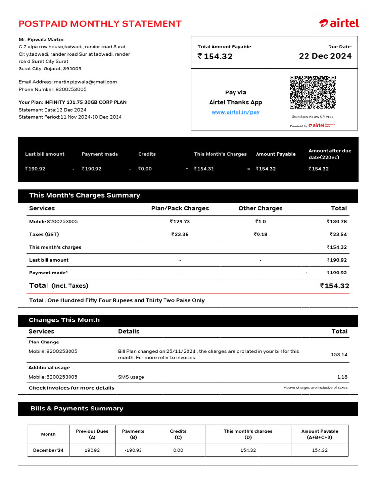 Postpaid Monthly Statement - December 2024 | PDF | Cheque | Payments