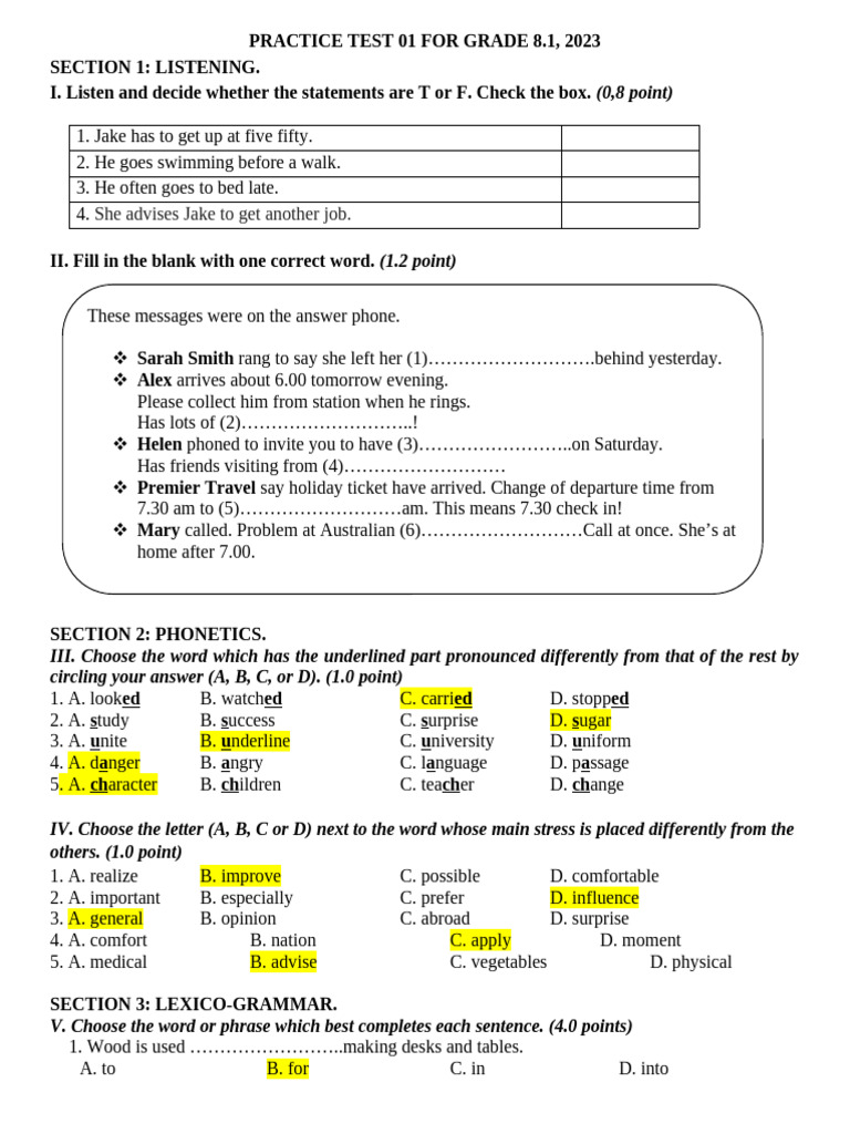 Practice Test 01 For Grade 8 Pdf