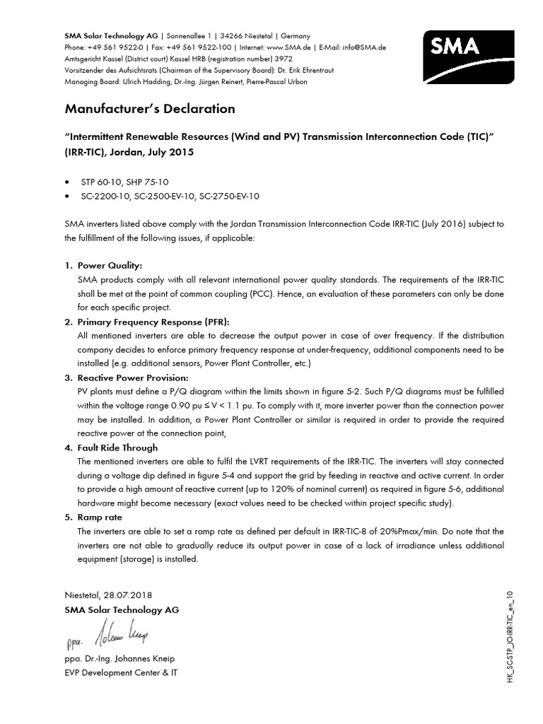 Compliance of SMA Inverters with IRR-TIC | PDF | Electrical Engineering ...