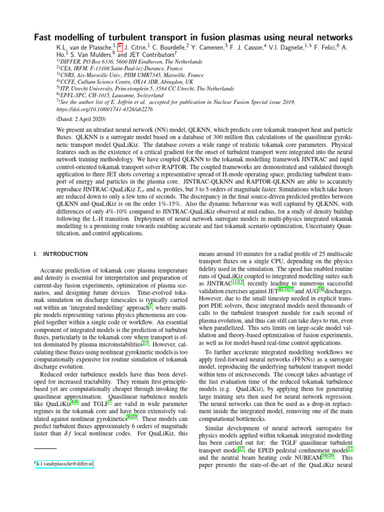 Fast Modeling of Turbulent Transport in Fusion Plasmas Using Neural ...