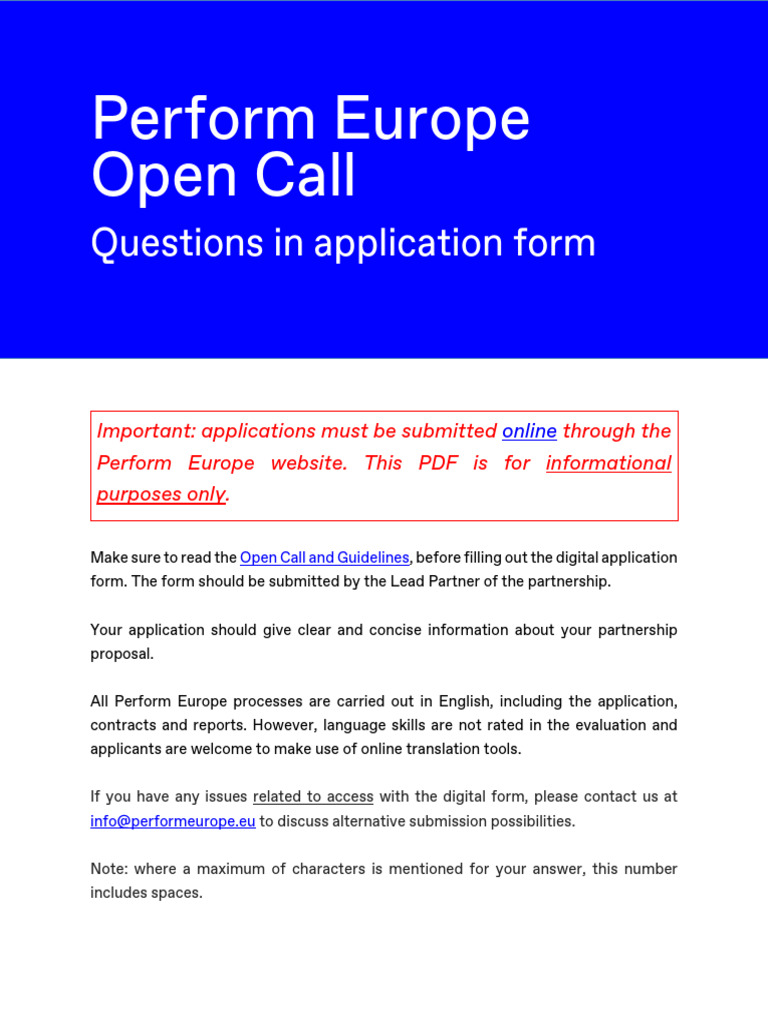 Perform Europe Open Call Application Guide | PDF
