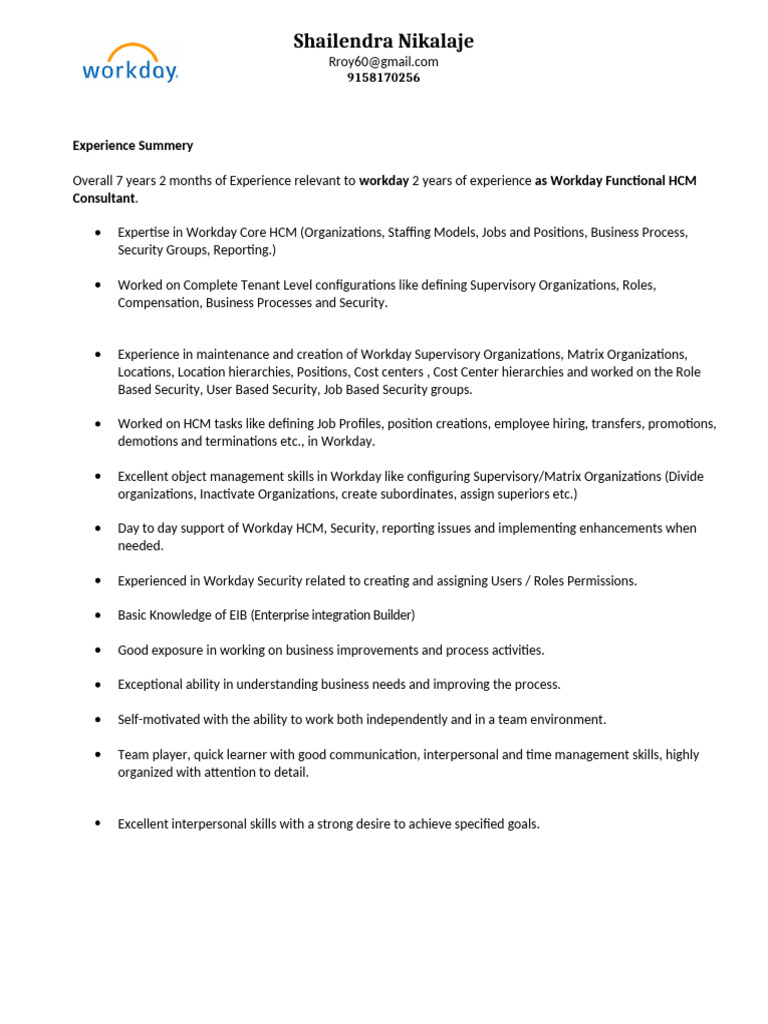 Workday HCM Consultant Resume Summary | PDF | Human Resource Management ...