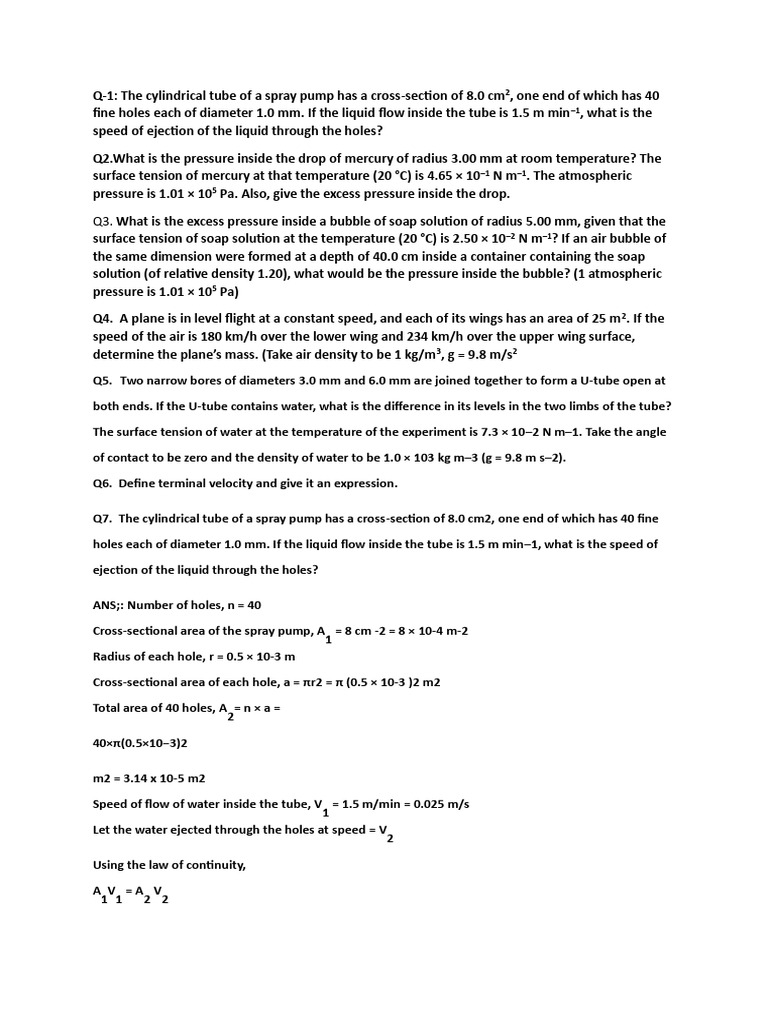Fluid Dynamics and Pressure Calculations | PDF | Pressure | Surface Tension