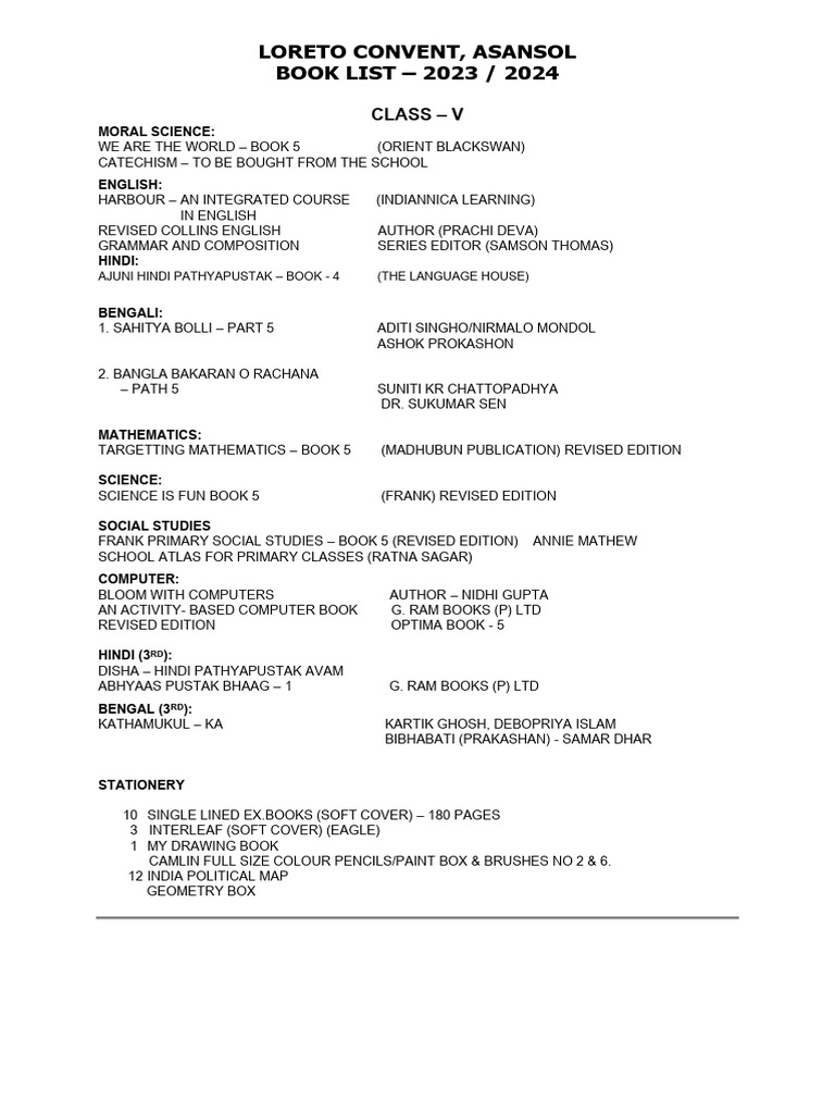 Class 5 Book List - Loreto Convent | PDF