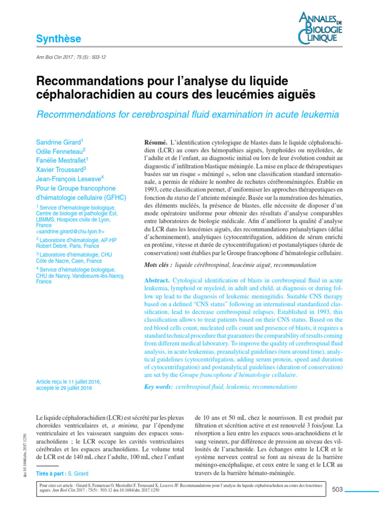 Analyse du LCR en leucémies aiguës | PDF | Liquide cérébro-spinal ...