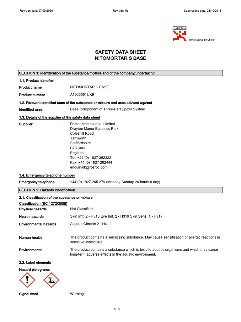 Nitomortar S Base Safety Data Sheet | PDF | Dangerous Goods | Toxicity