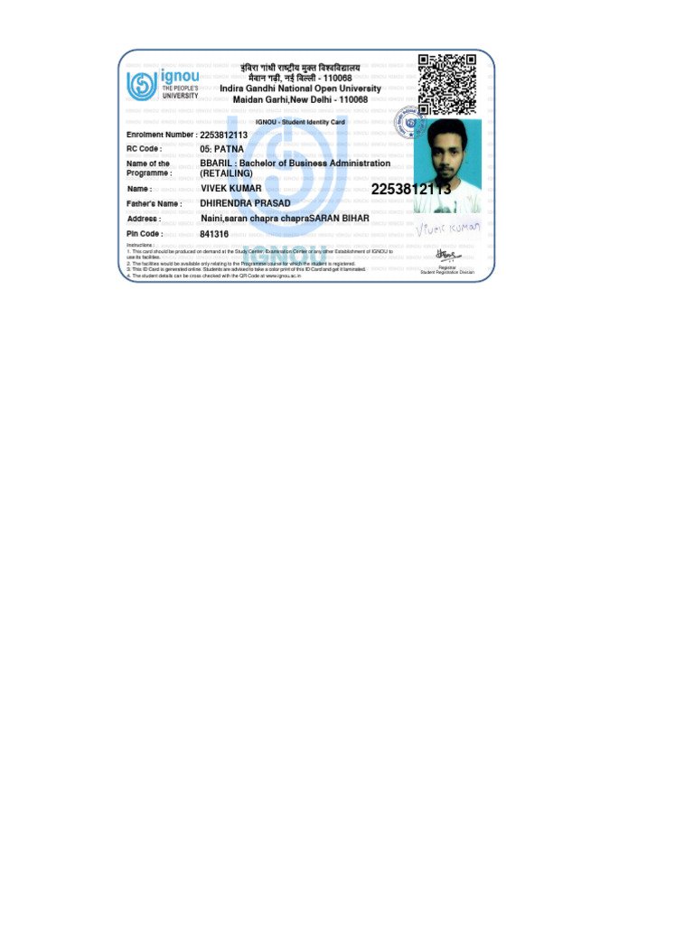 Id Card IGNOU 2253812113 | PDF