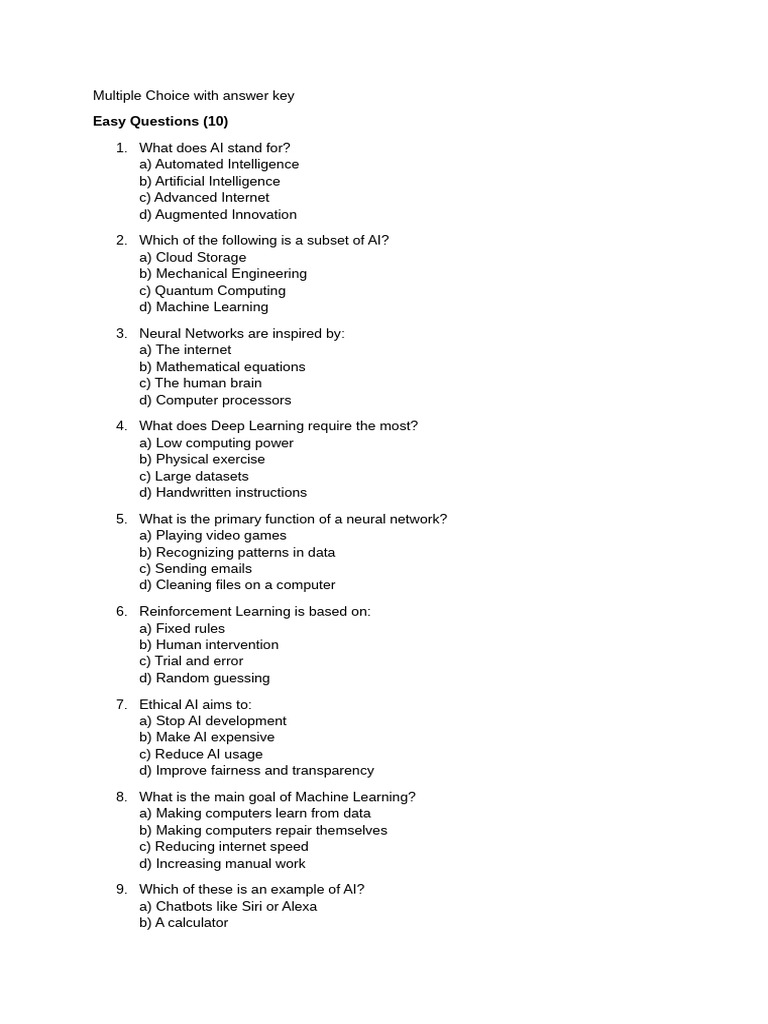 AI and Machine Learning Quiz | PDF | Artificial Intelligence ...