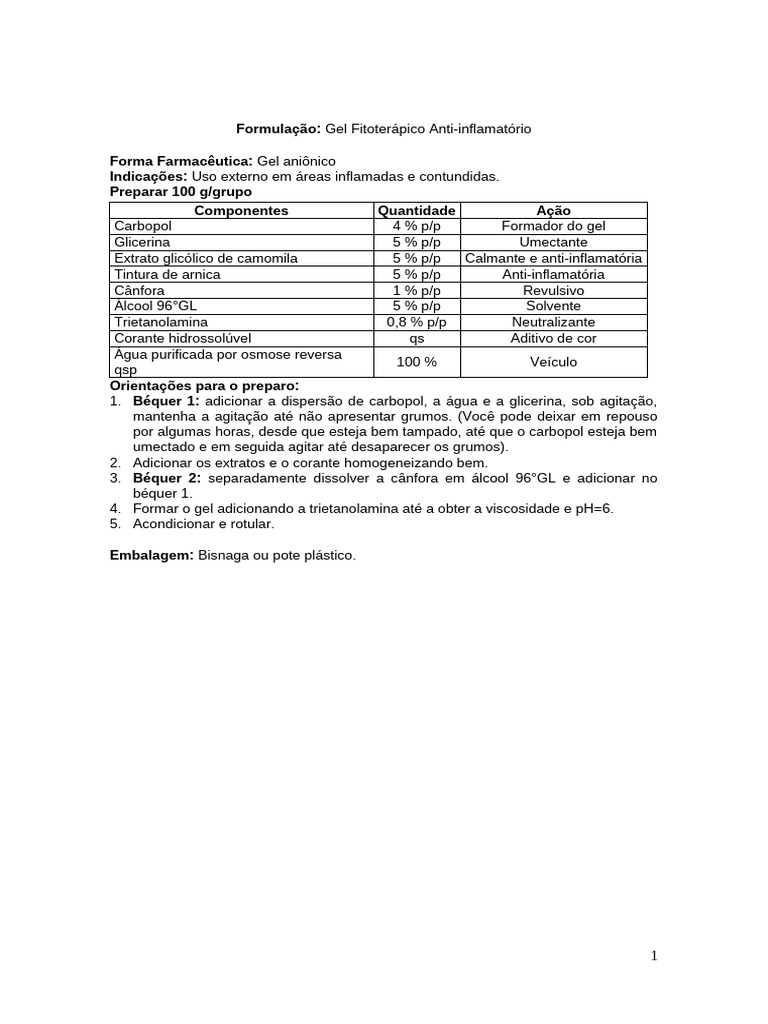 Gel Anti-Inflamatório Gel Condutor e Alcool em Gel | PDF