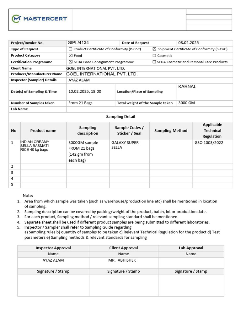 Sampling Data Sheet for Food Certification | PDF