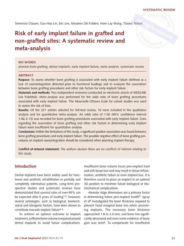 Risk of Early Implant Failure in Grafted and Non-Grafted Sites: A ...