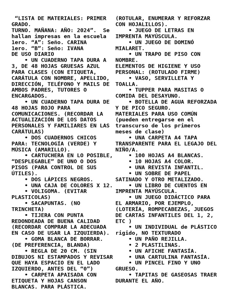 Lista de Materiales 1er Grado 2024 | PDF