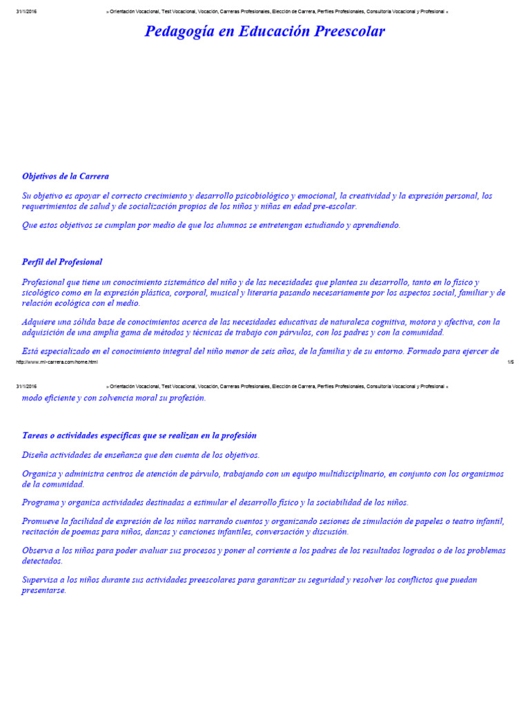 Guía de la Carrera en Pedagogía Preescolar | PDF | Educación de la ...