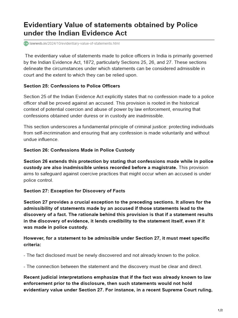 Police Statements' Evidentiary Value in India | PDF | Confession (Law ...