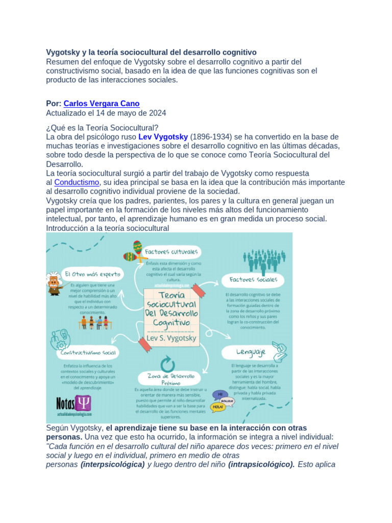 Teoría Sociocultural de Vygotsky en Cognición | PDF | Desarrollo ...