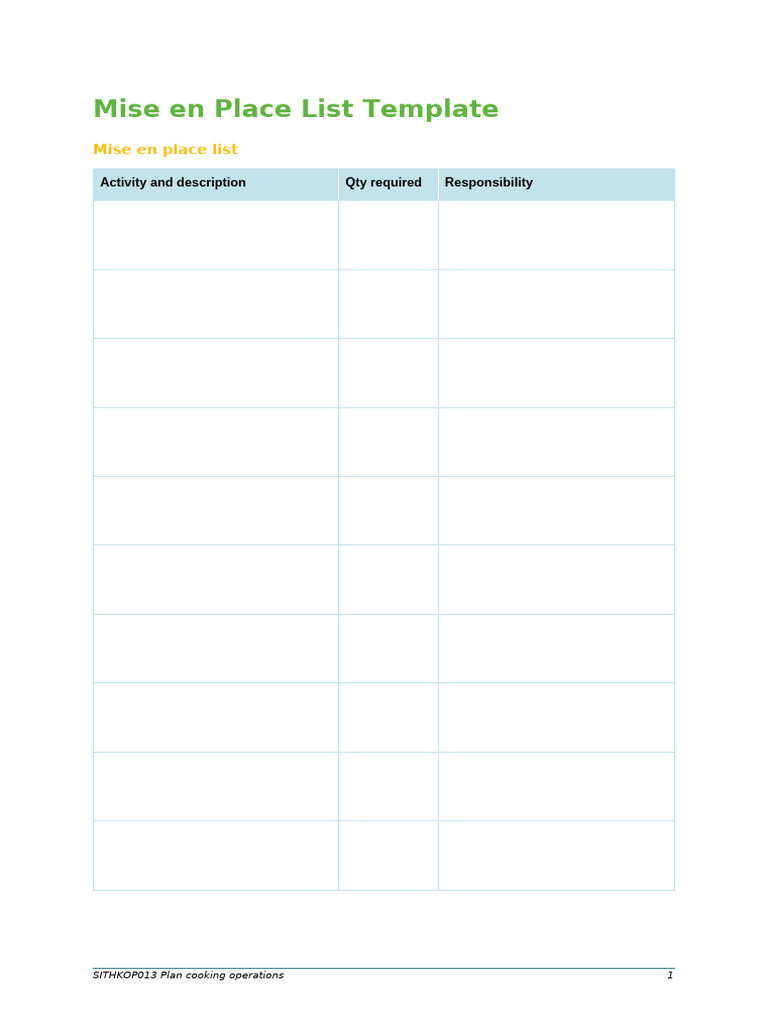 Mise en Place List Template Guide | PDF