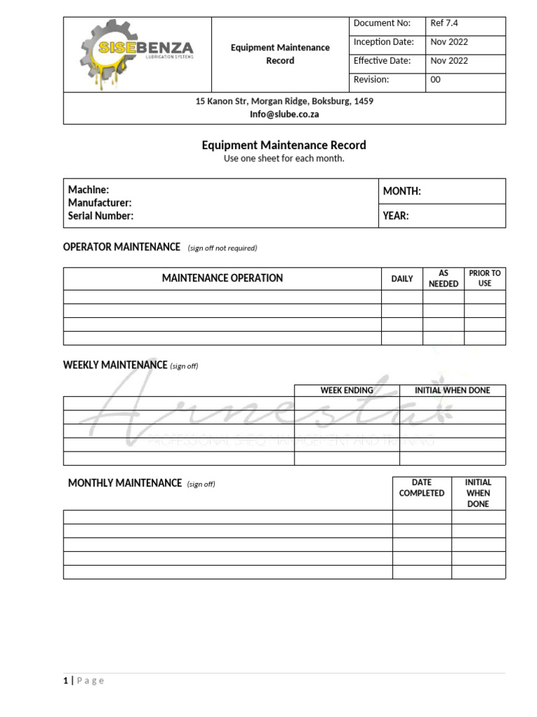 Monthly Equipment Maintenance Log | PDF