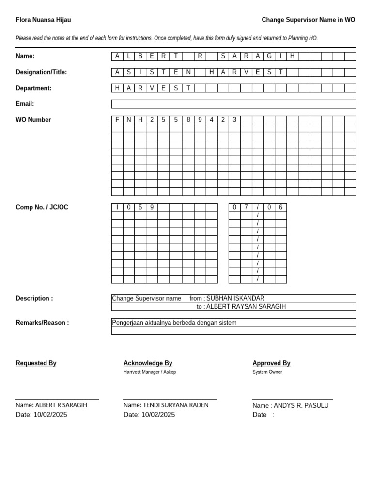 Change Supervisor Name in WO Form | PDF