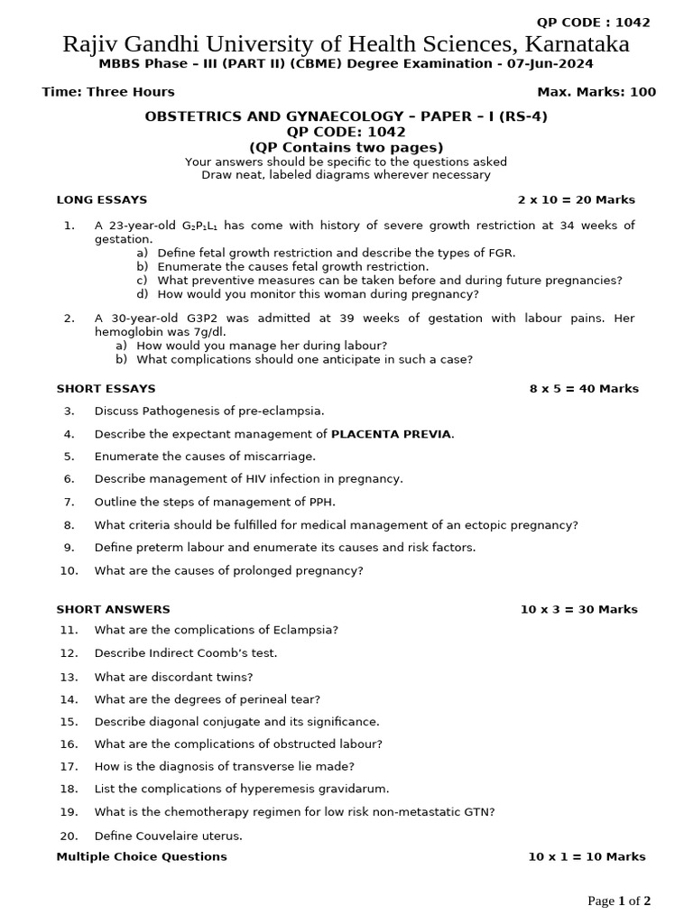 OBG Question Paper 2024: Exam Format | PDF | Childbirth | Pregnancy