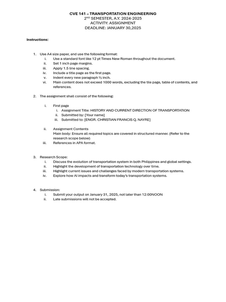 Transportation Engineering Assignment Guide | PDF