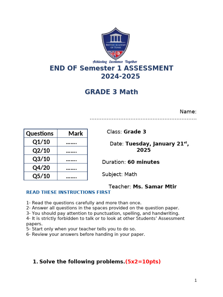 Grade 3 Math Assessment 2024-2025 | PDF | Shape | Length