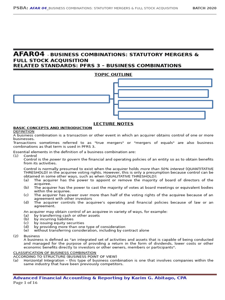 Afar04 Business Combinations Mergers Reviewers PDF | PDF | Goodwill ...