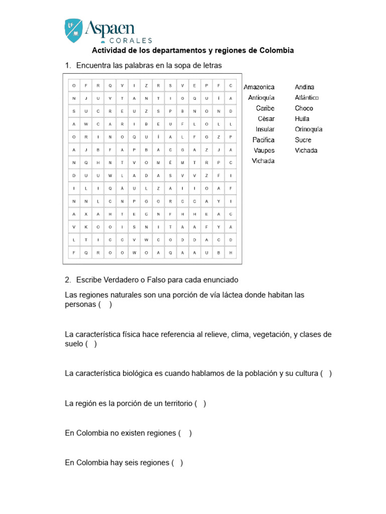 Actividades sobre Regiones de Colombia | PDF