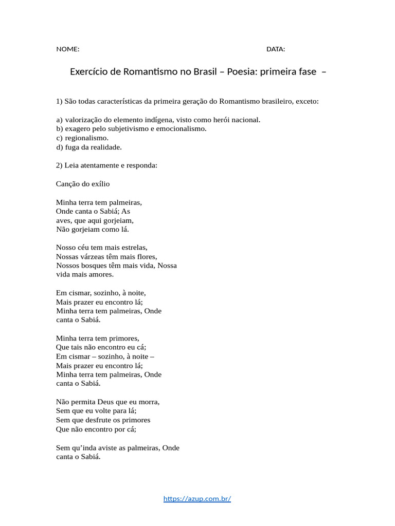 Exercício sobre a Primeira Fase do Romantismo | PDF | Romantismo
