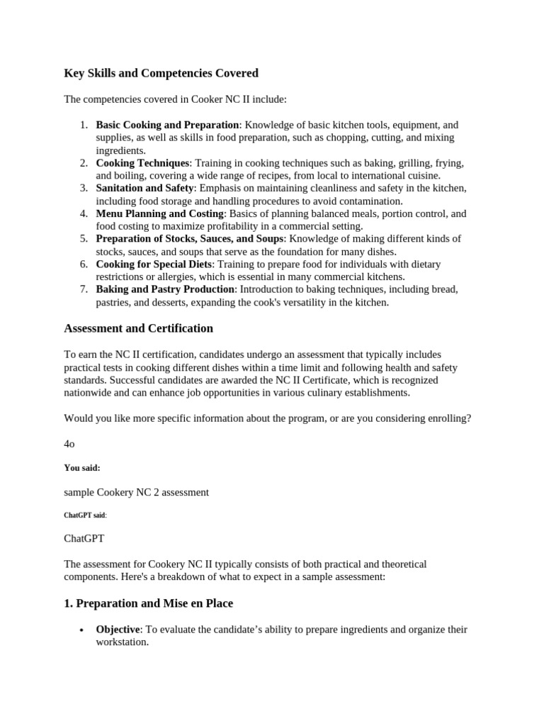 Key Skills and Competencies Covered | PDF | Cooking | Sauce