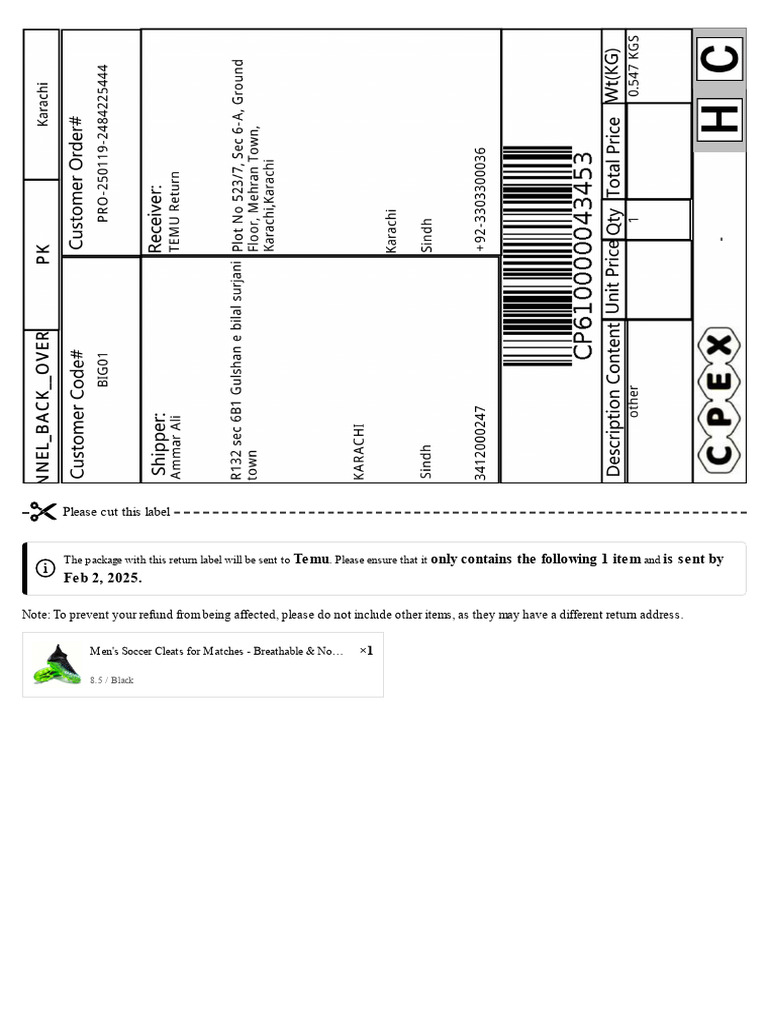 Return Instructions for Men's Soccer Cleats | PDF