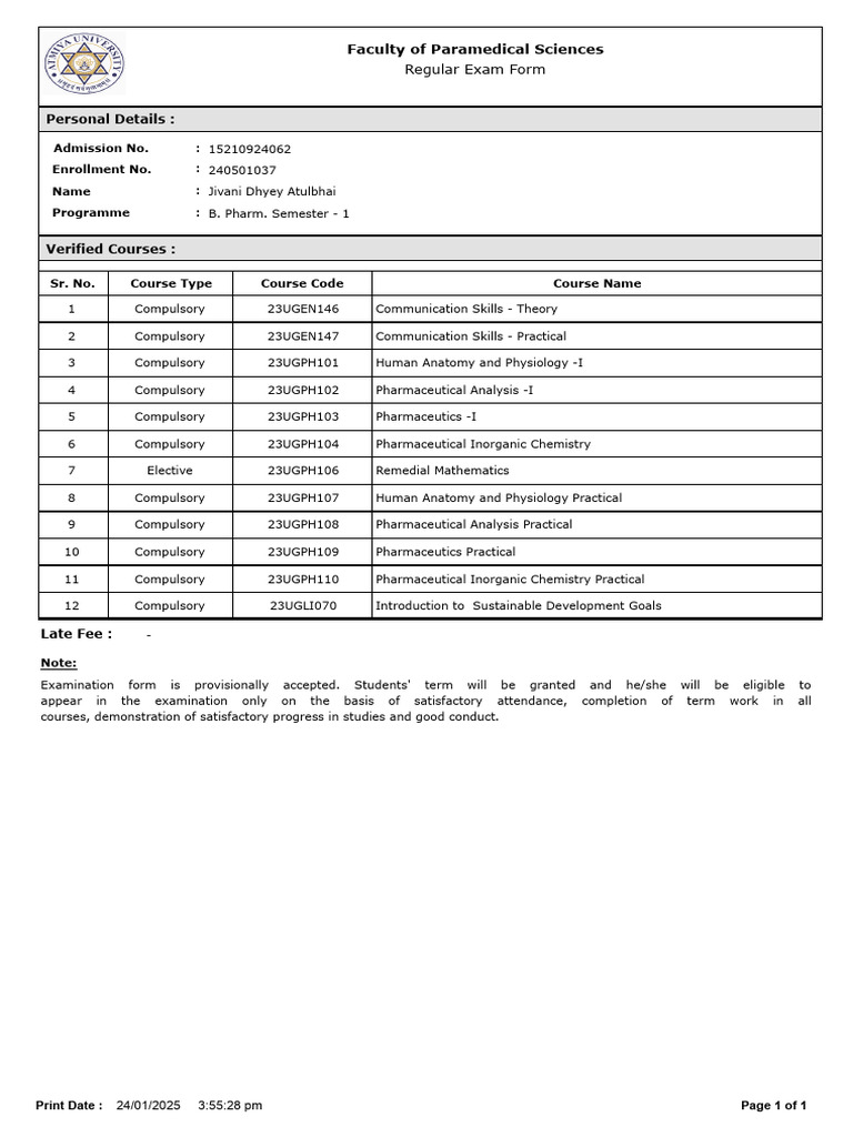 B. Pharm Semester 1 Exam Form | PDF