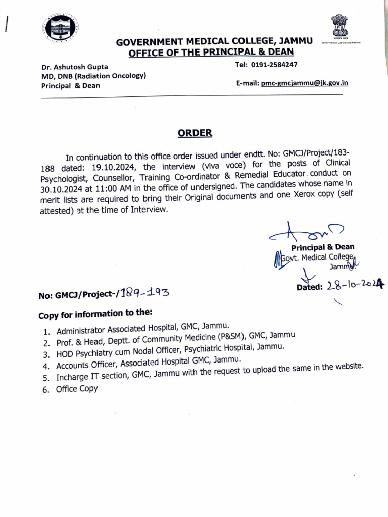 GMC Jammu Interview Notice for Psychologist Positions | PDF