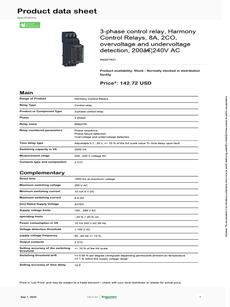 RM22TR31 3-Phase Control Relay Specs | PDF | Relay | Alternating Current