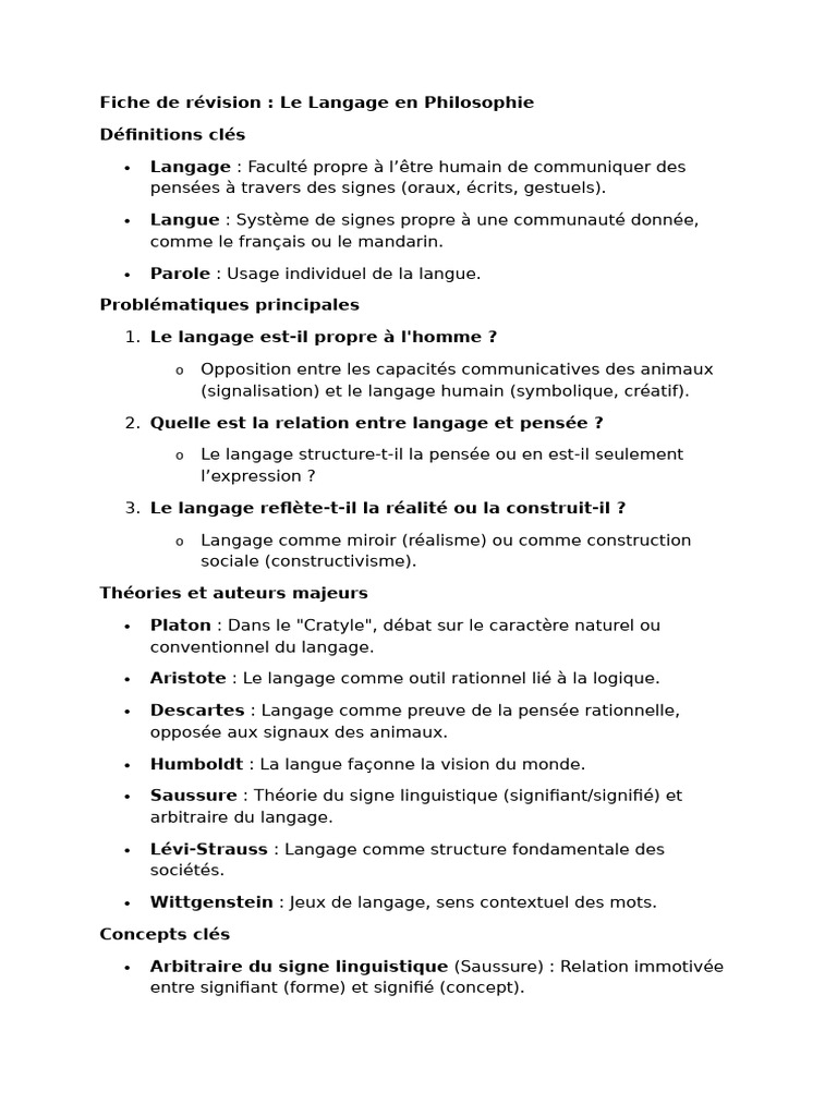Fiche de révision : Le Langage en Philosophie | PDF