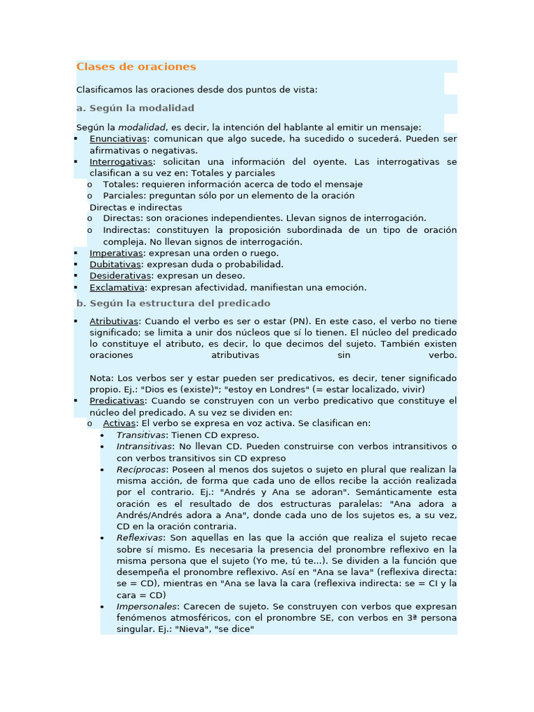 Tipos y Clases de Oraciones | PDF | Oración (Lingüística) | Verbo